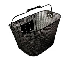 A black fine mesh bicycle basket with a swing handle.