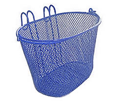 A blue fine mesh bicycle basket with two hooks on the back