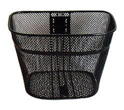 A black fine mesh bicycle basket with mounting plate on the back