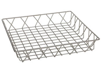 A silver free standing rectangular wire display basket FWDB-3 with interlaced side wires. 