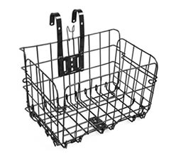A black grid style bicycle basket GBB-1 with two hooks for easy installation