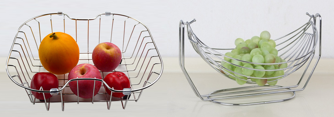 A galvanized steel rinse basket and a galvanized steel fruit basket.