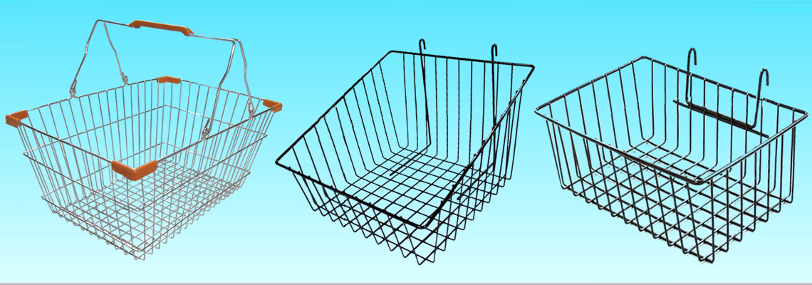 A galvanized steel shopping basket and two black coated steel display baskets.