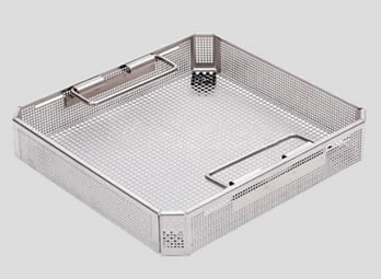 A stainless steel instrument tray with flat base, perforated sides and folding handles
