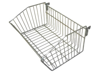 A chrome plated stacking style wire display basket SSDB-2 with back fixing for hanging on slatwall