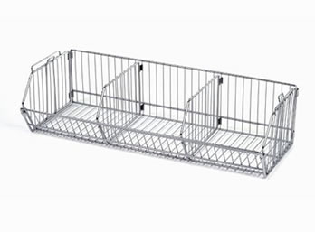 A chrome plated stacking style wire display basket SSDB-3 with two dividers