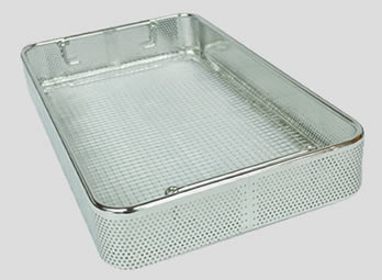 A stainless steel instrument tray with flat base, perforated sides and drop down handles