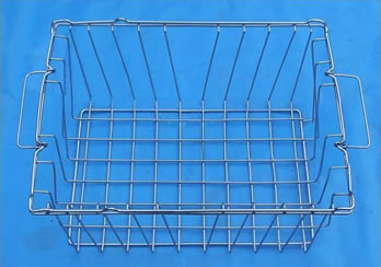 A stainless steel SPRI sterilization wire basket with handles.