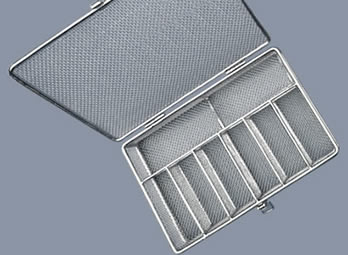 A stainless steel woven wire mesh instrument tray with dividers and hinged lids.