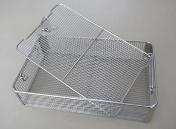 A stainless steel welded mesh instrument tray with covers and snap-on locking