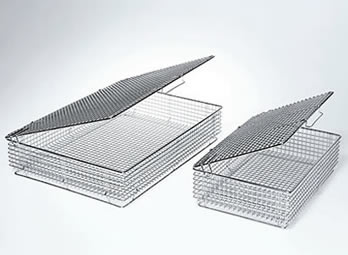 Two stainless steel welded mesh instrument trays in standard of SPRI / ISO with hinged lids