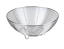 A silver wire fruit basket WFB-1 with three steel feet