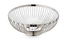 A silver wire fruit basket WFB-2 with wire loops welded to outside of top frame