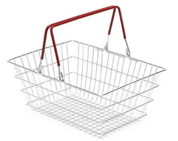 Wire shopping basket with red plastic coated swing handles