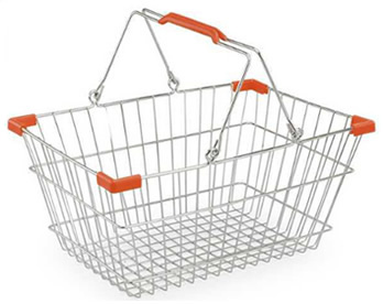 Wire shopping basket with orange molded handles and reinforced corners