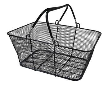 A black wire mesh shopping basket with black rubberized handles.