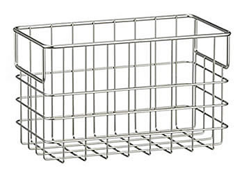 A wire storage basket with wide build-in handles