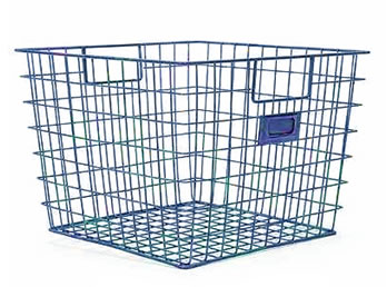 A blue vinyl coated wire storage basket WTB-4 with ID label holder and build-in handles